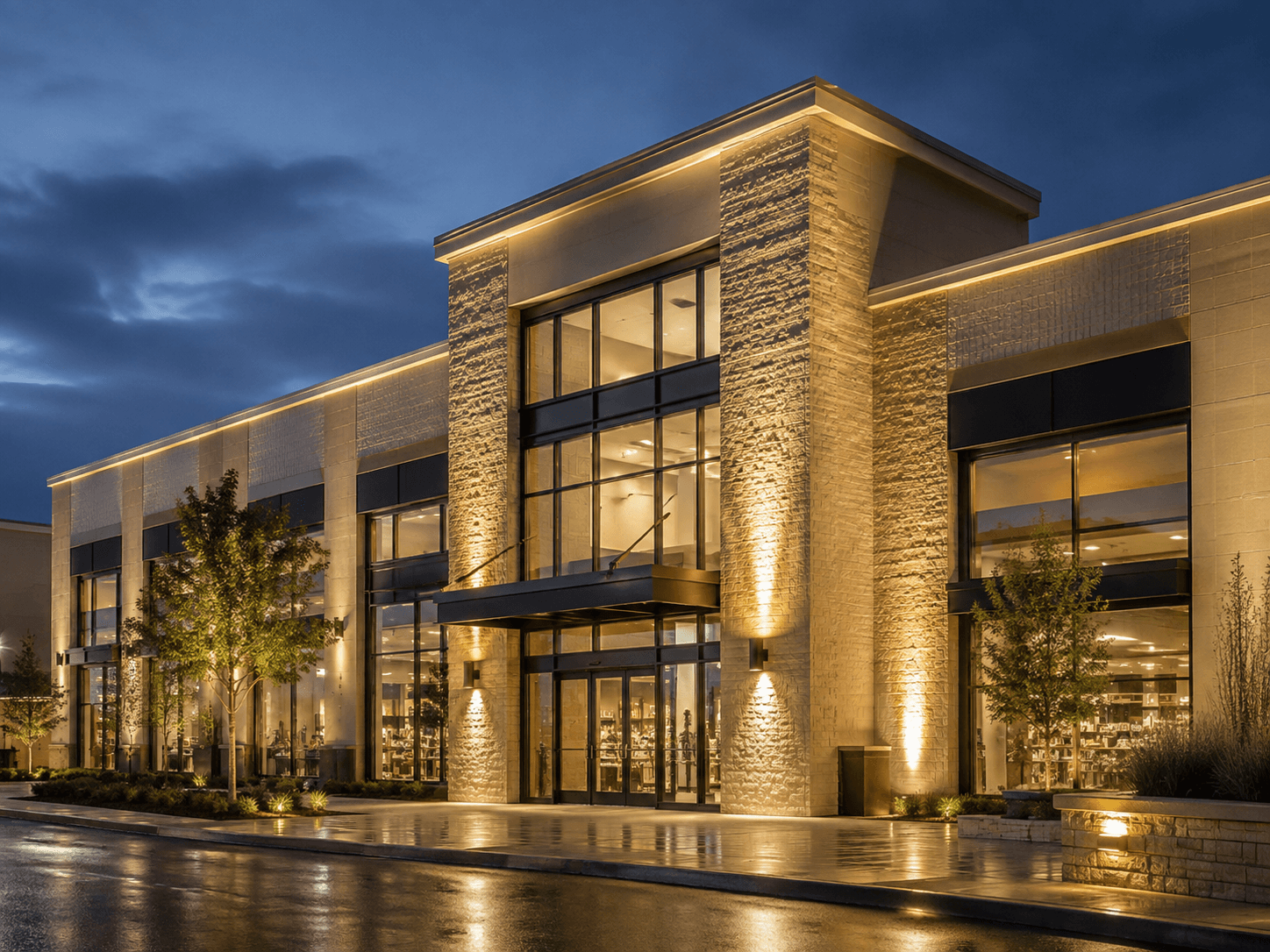 Shopping and commercial building exterior illuminated by outdoor lighting