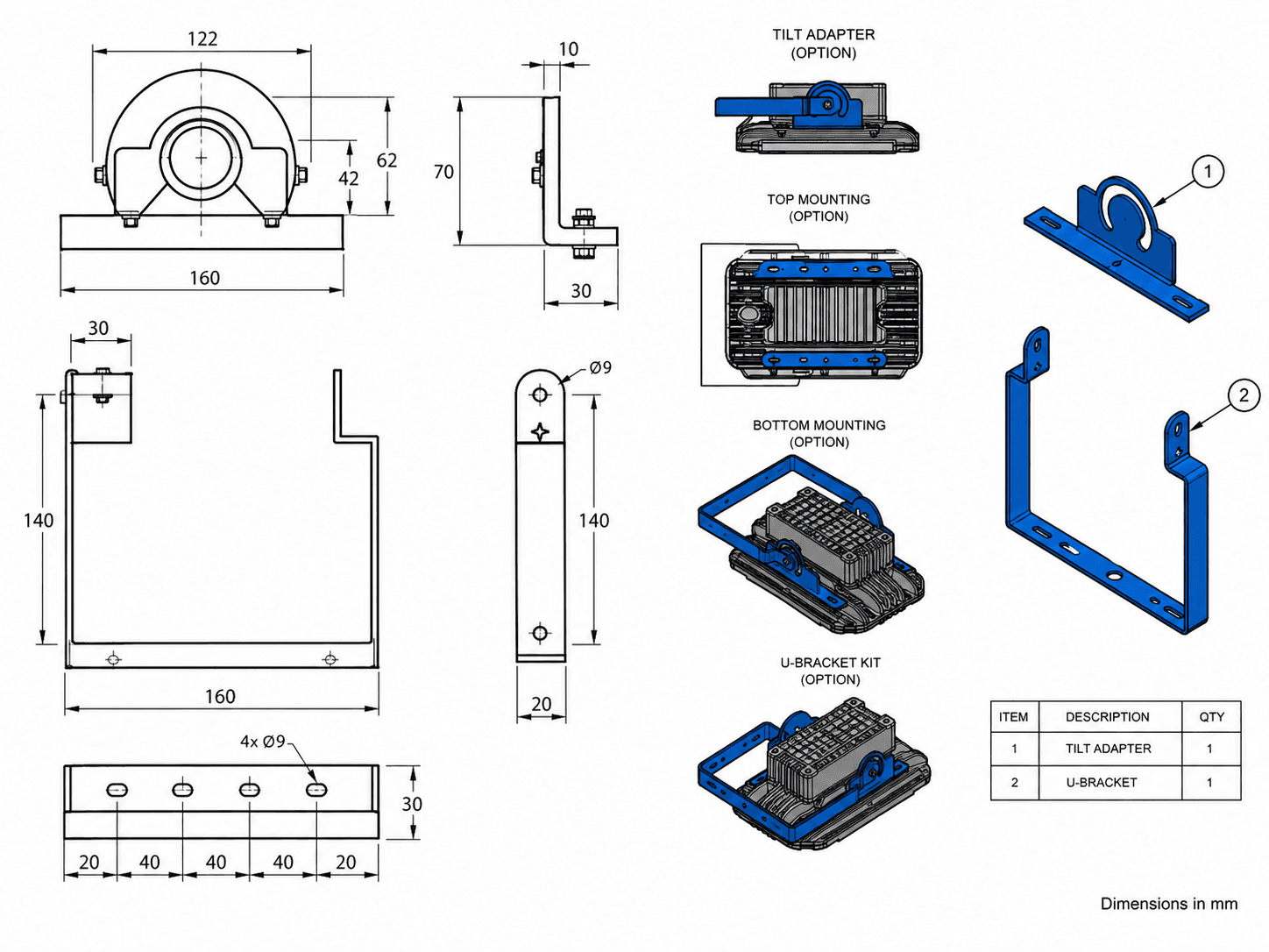 GER-LED projector / floodlight mounting options and dimensions drawing