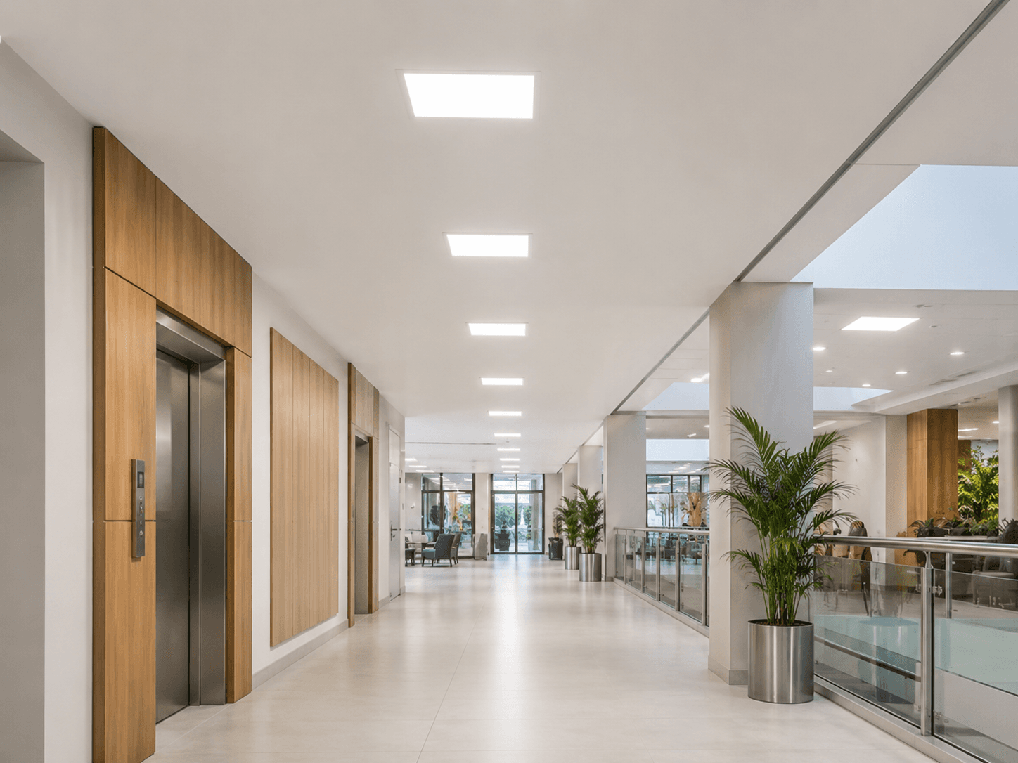 Corridor illuminated by LED panel lighting