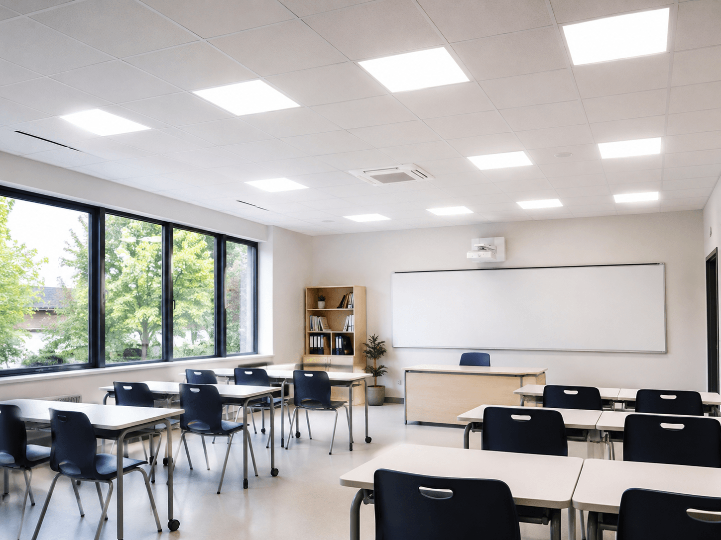 Classroom illuminated by LED panel lighting