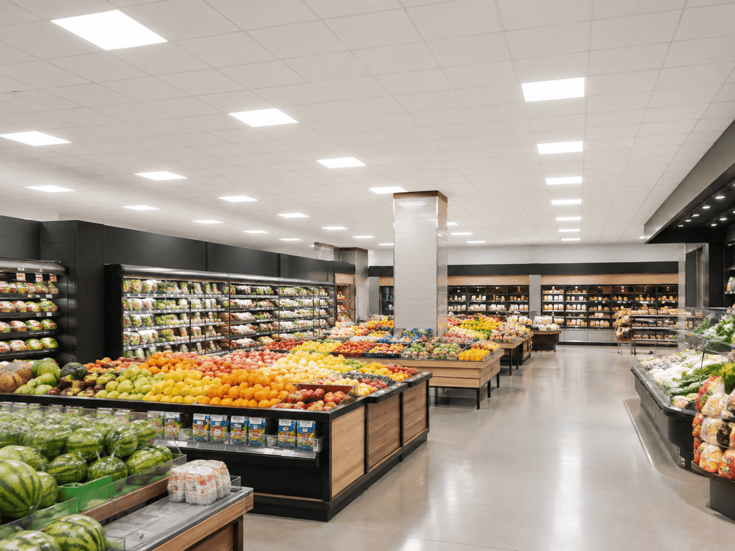 Market interior illuminated by LED panel lighting