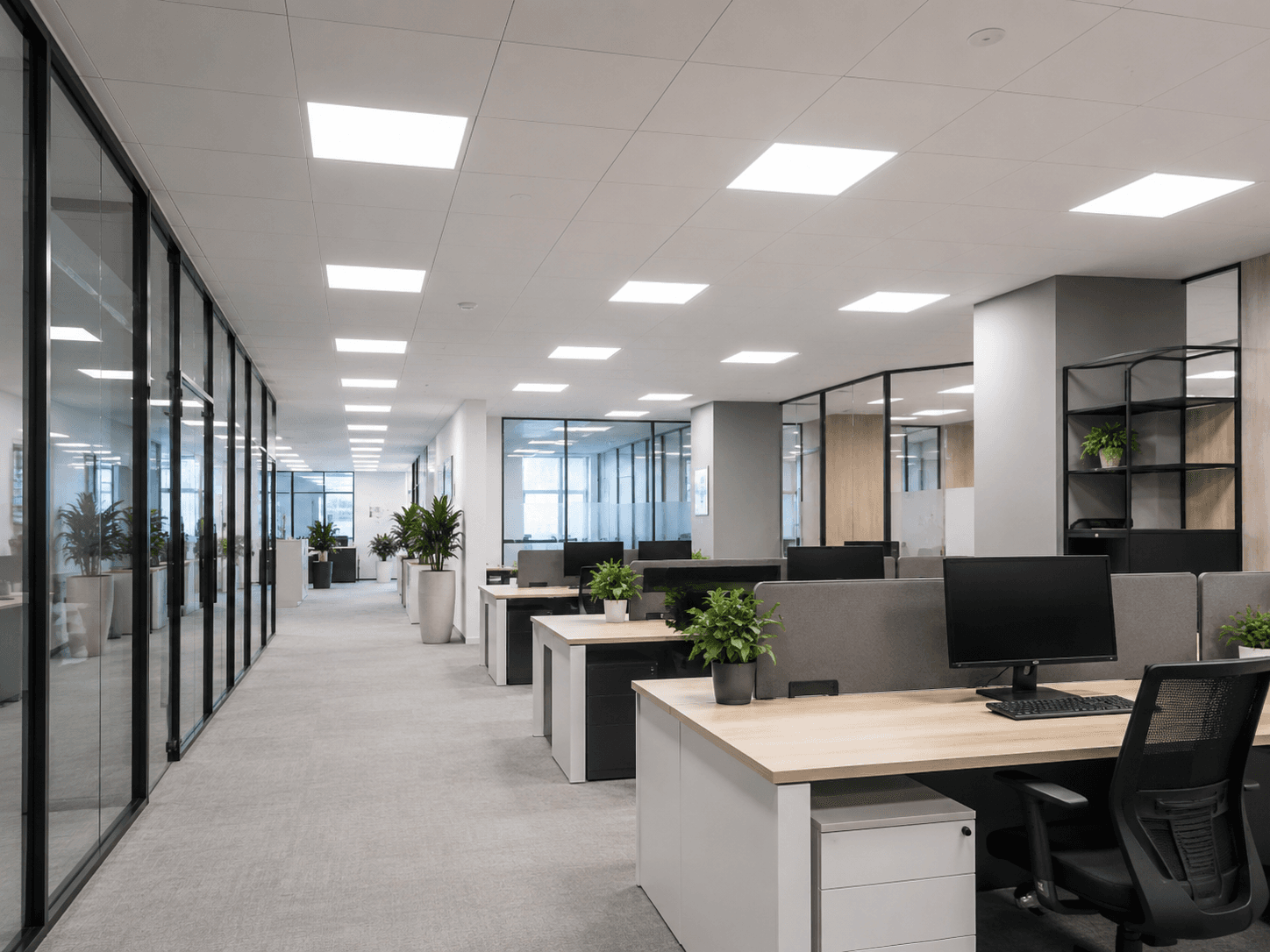 Office illuminated by LED panel lighting