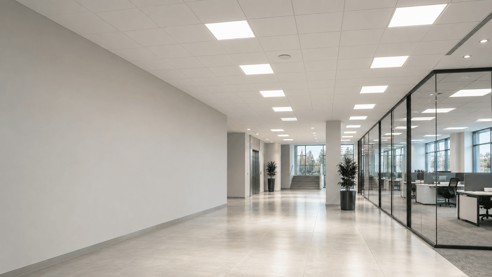 Contemporary office and public interior illuminated by recessed LED panels