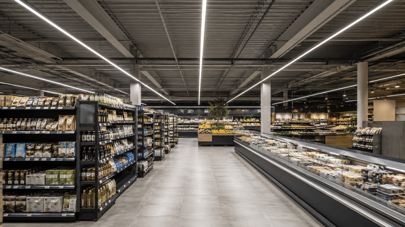 Market and retail interior illuminated by linear LED lighting