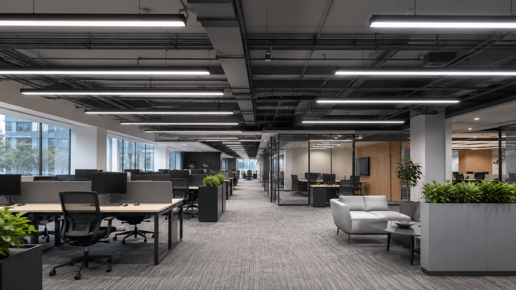 Office interior illuminated by linear LED lighting