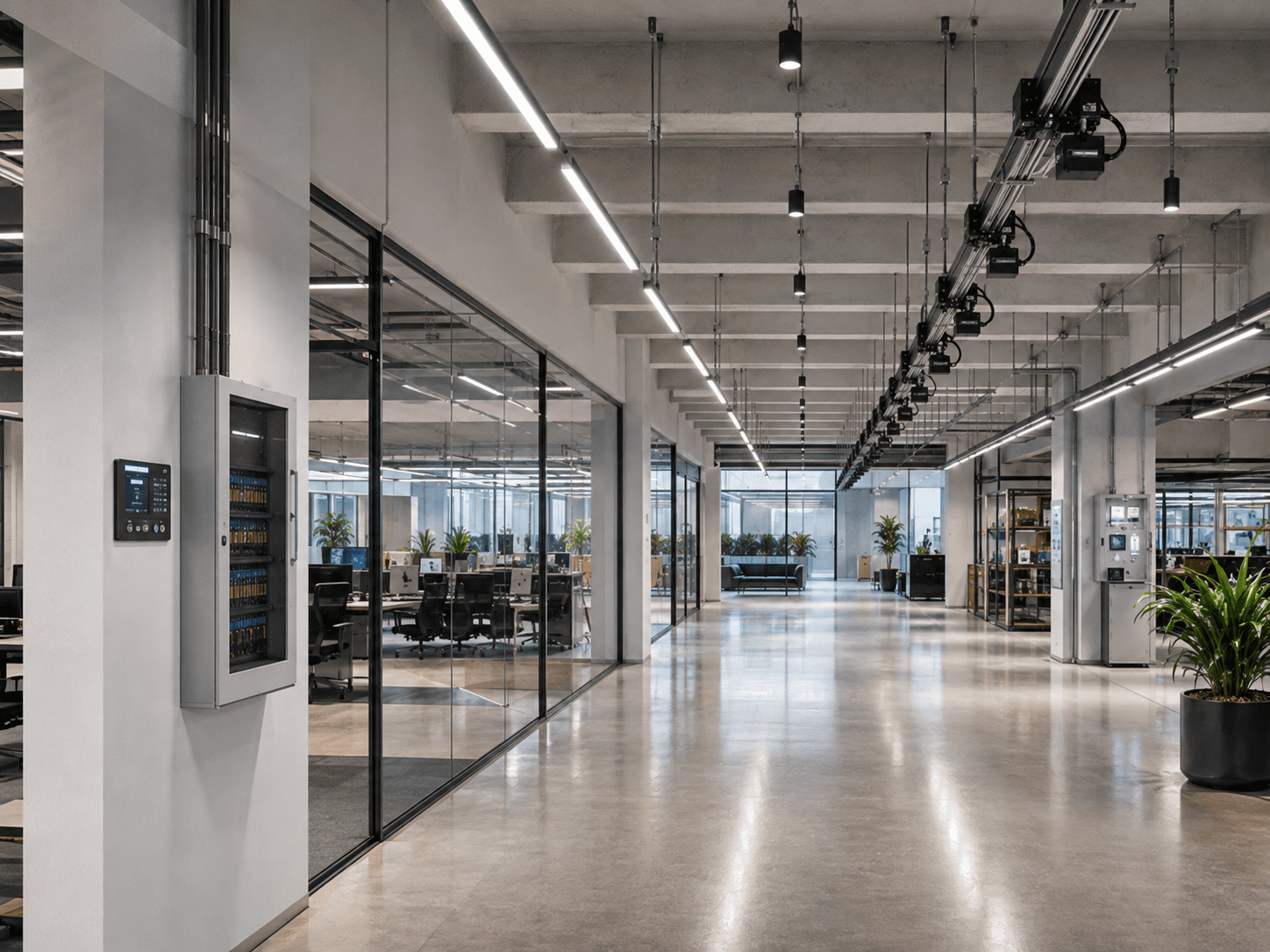 Wall-mounted central lighting control panel in an office corridor