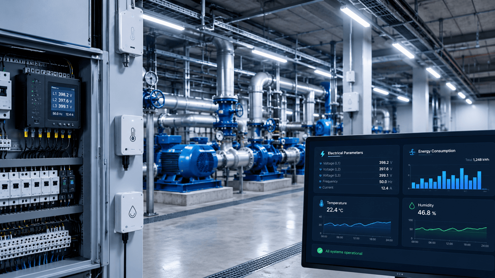 Industrial plant electrical panel with a monitoring dashboard showing voltage, energy, temperature and humidity