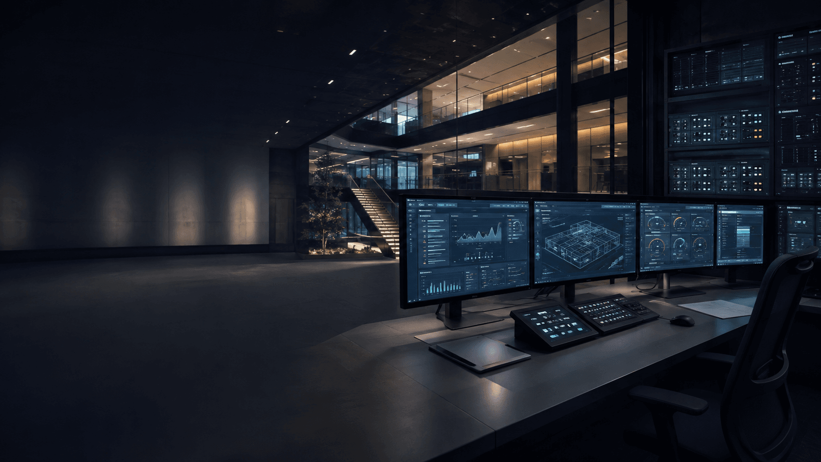 Smart building control room with lighting-automation dashboards and touch panels