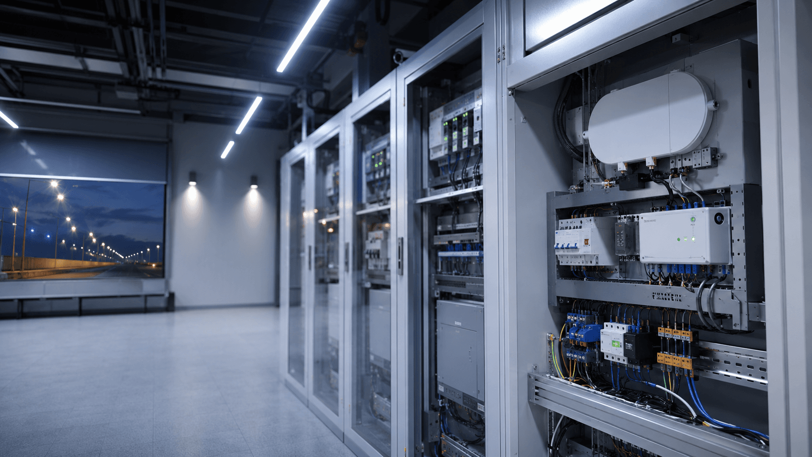 Electrical control room with rack cabinets and a G-BUS control module, street lighting visible through the window
