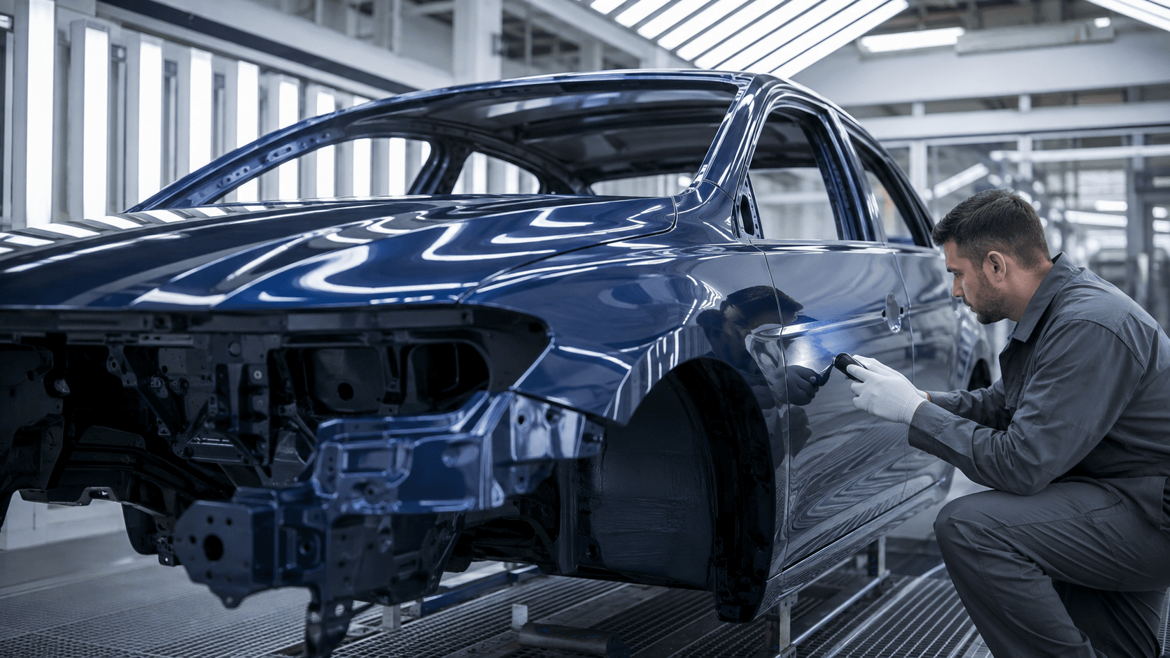 Vehicle paint surface being inspected with AUTO-LED lighting
