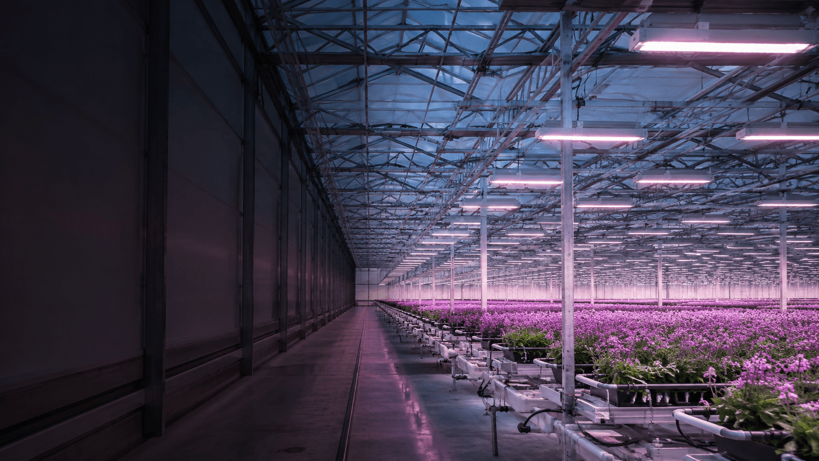 Greenhouse rows illuminated by SERA-LED luminaires