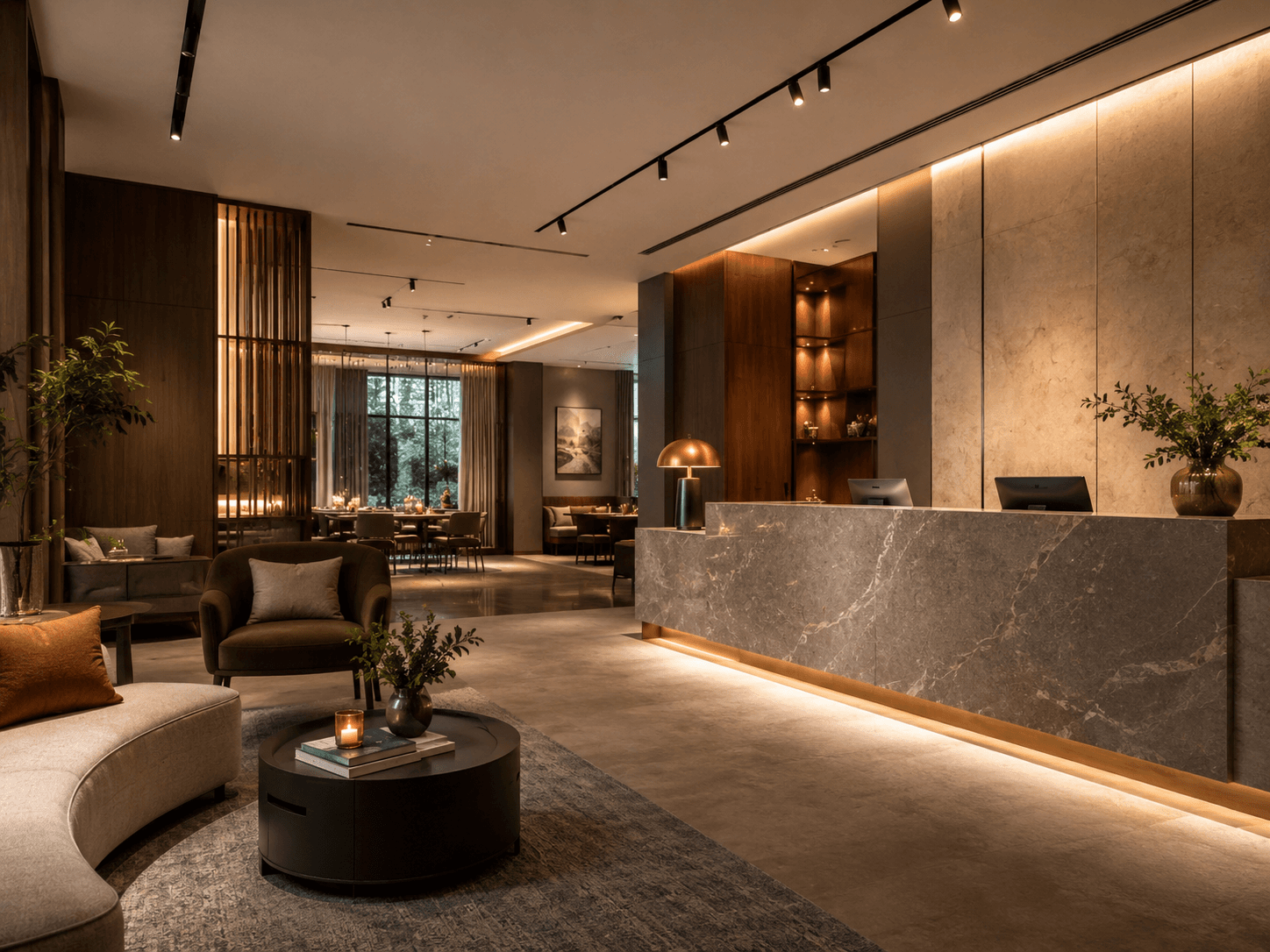 Hotel lobby illuminated by track lighting