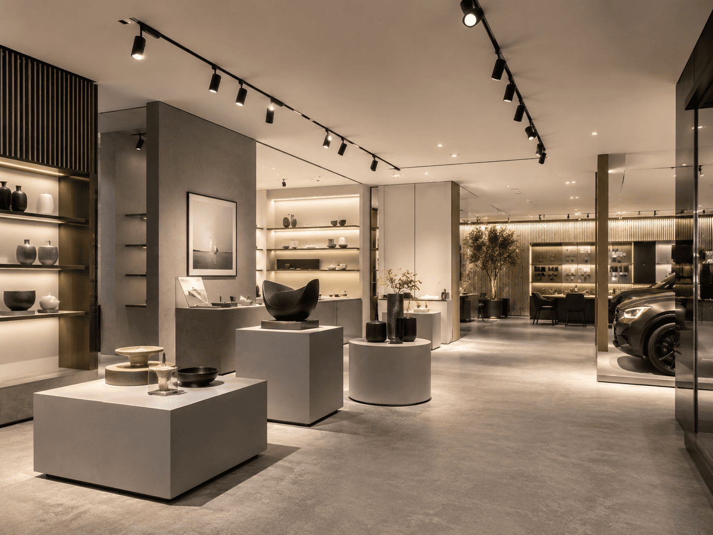Showroom illuminated by adjustable track spotlights