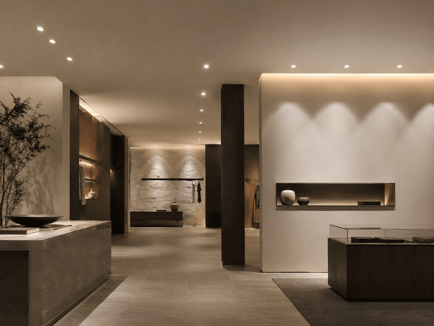 Architectural interior illuminated by recessed downlights