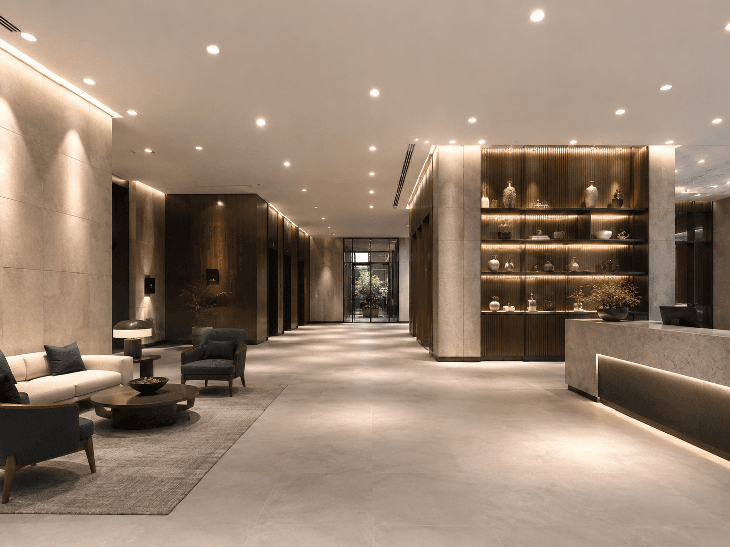 Commercial interior illuminated by recessed downlights