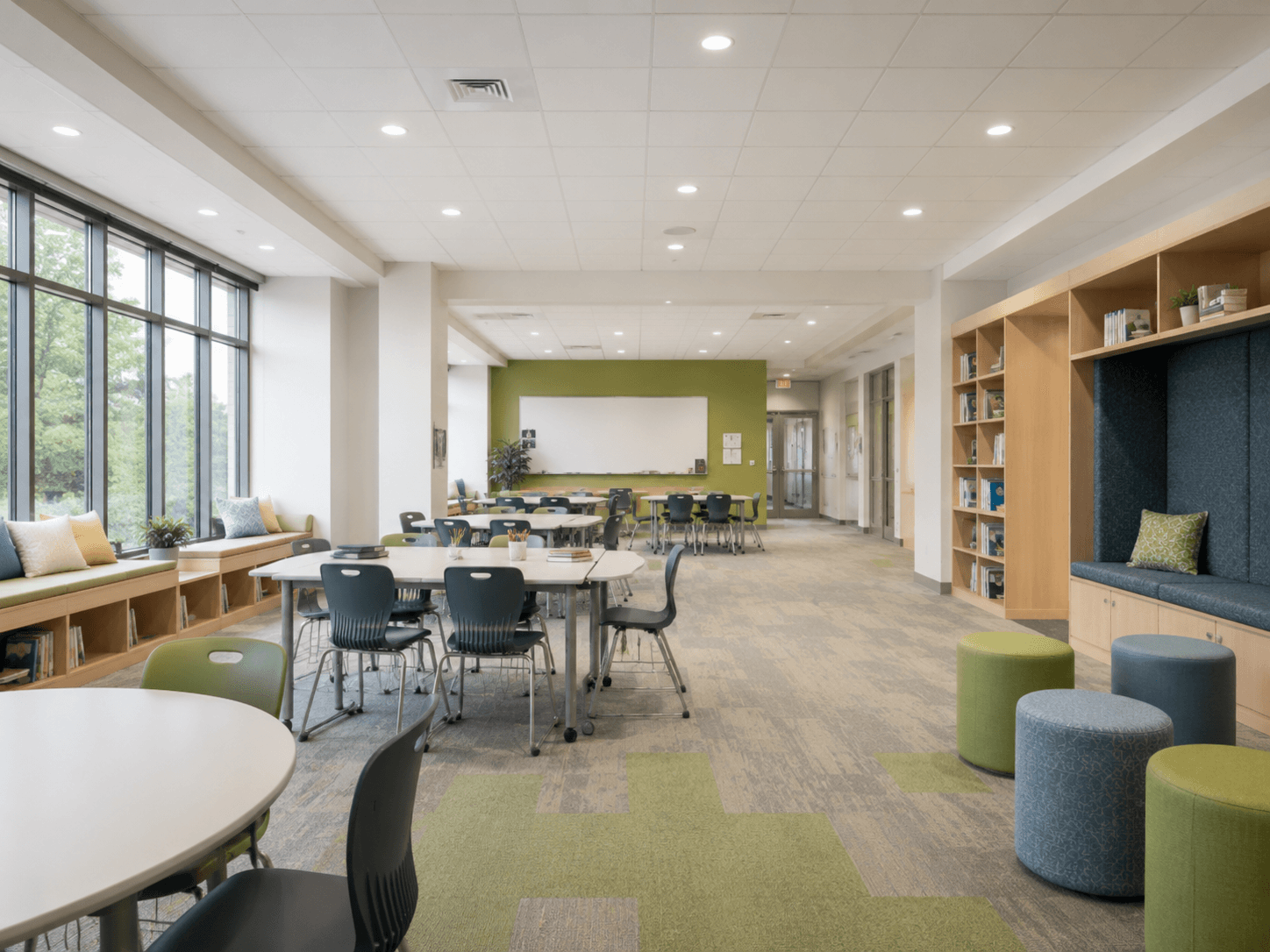 Classroom illuminated by recessed downlights