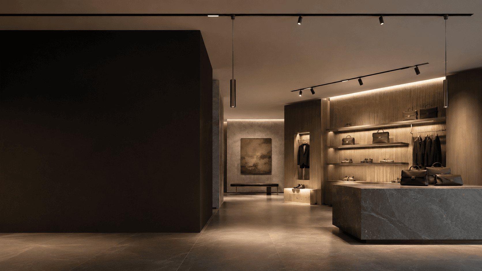 Premium interior illuminated by track and downlight luminaires