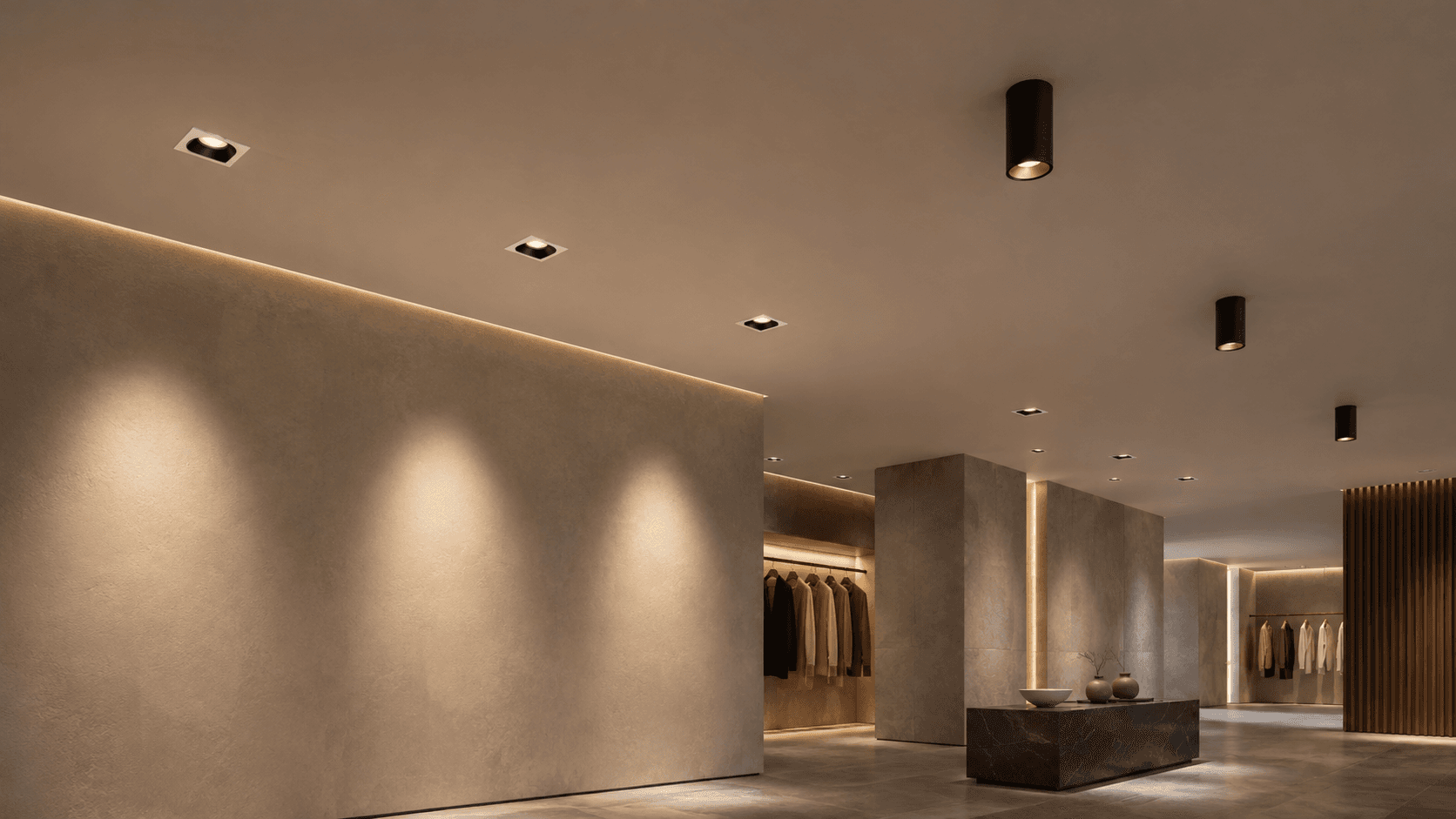 Premium interior illuminated by track and downlight luminaires
