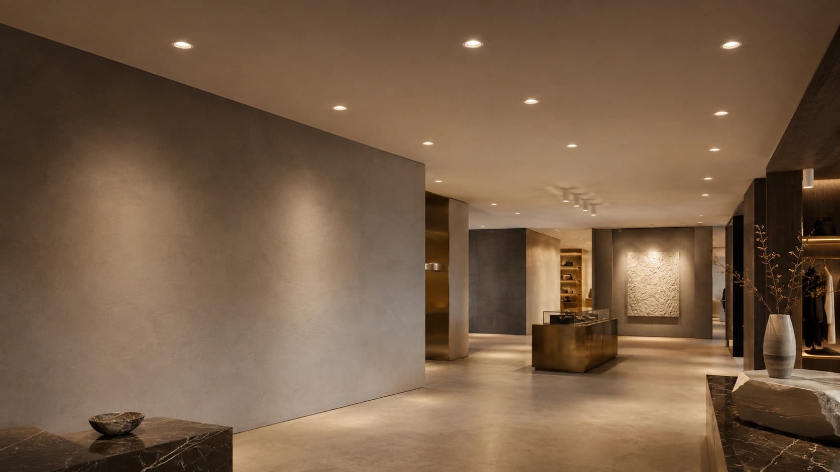 Premium interior illuminated by track and downlight luminaires