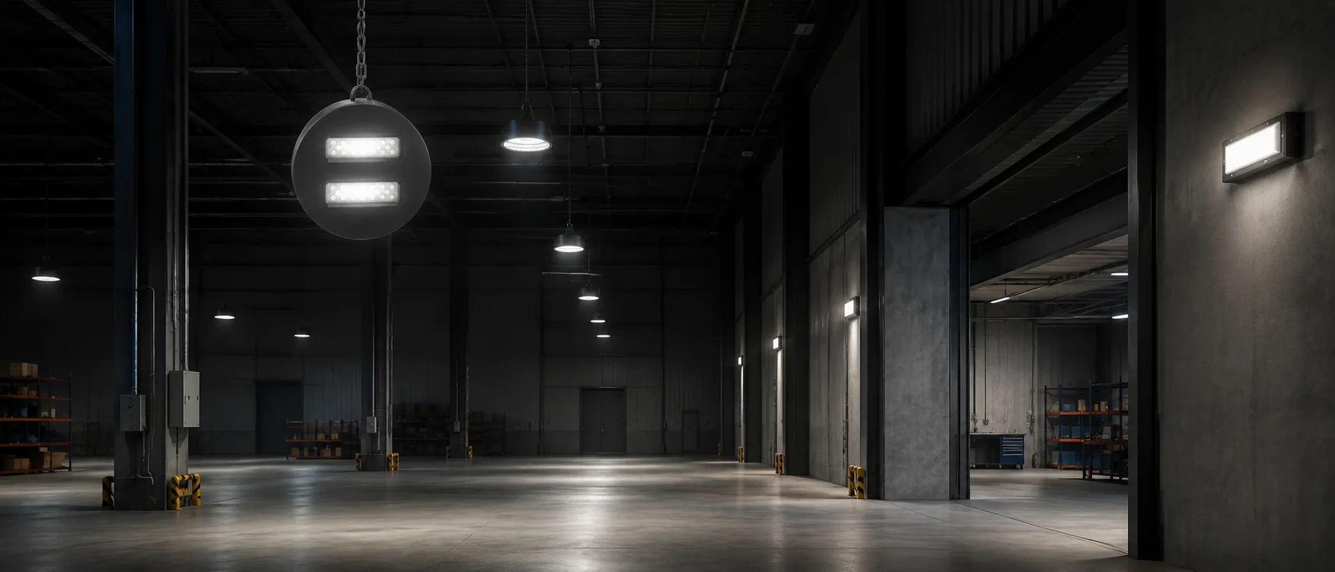 Modern factory and warehouse interior with high-ceiling LED lighting