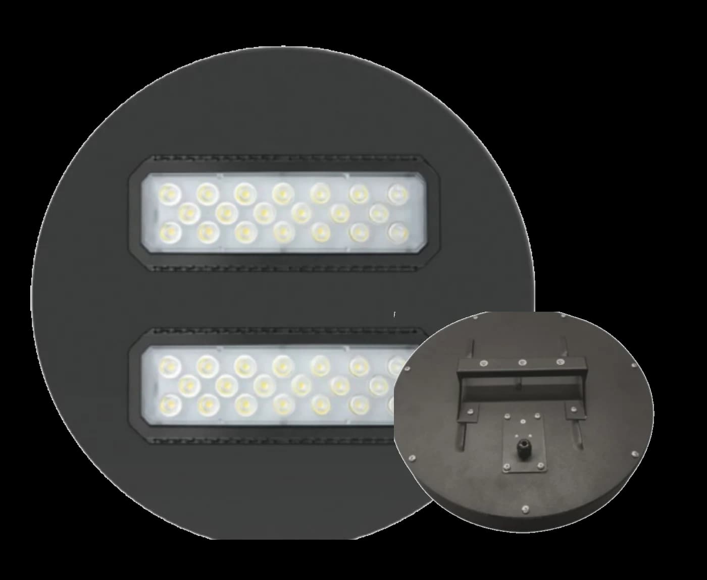 GER-LED High Ceiling Ø434 mm luminaire — Recessed Ceiling configuration (main) and the Surface Mounted configuration's rear mounting bracket (inset)