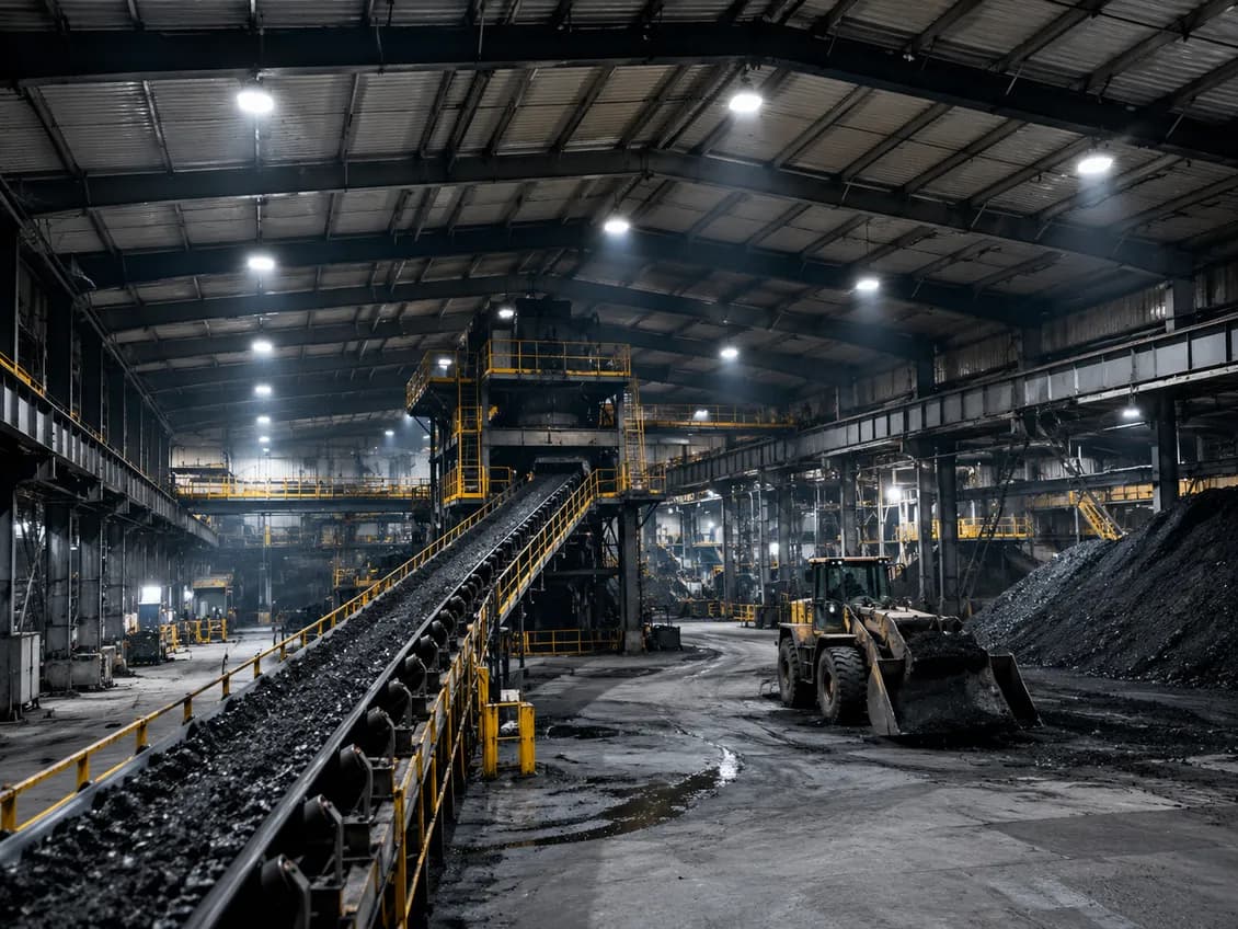 Coal processing facility interior with a conveyor belt, wheel loader and coal stockpile under high-bay LED lighting