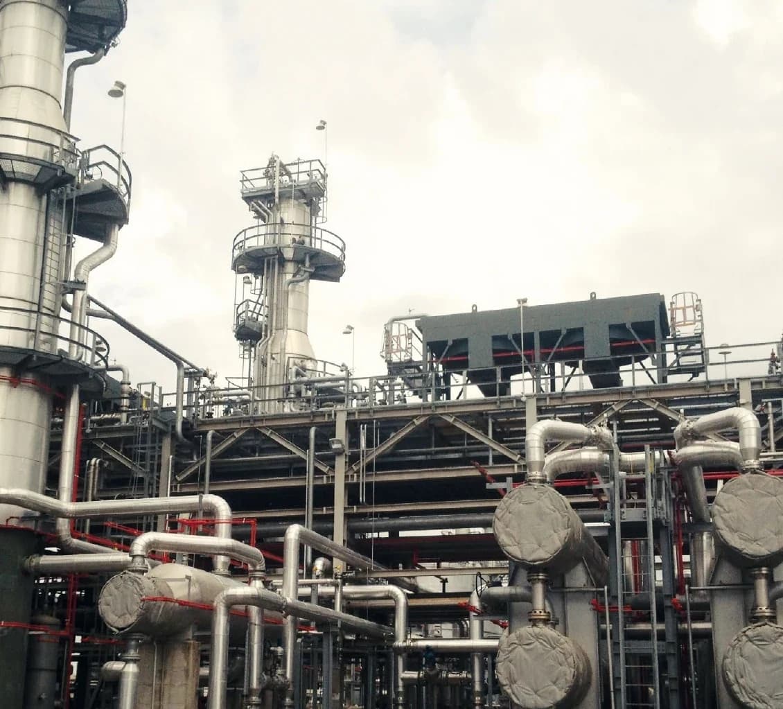 Petrochemical plant with process towers and piping