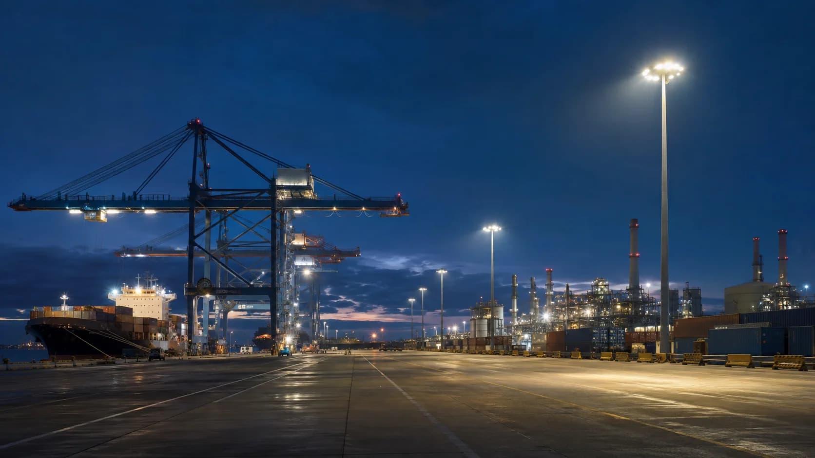 Container ship at a floodlit port quay with gantry cranes and heavy industry in the background