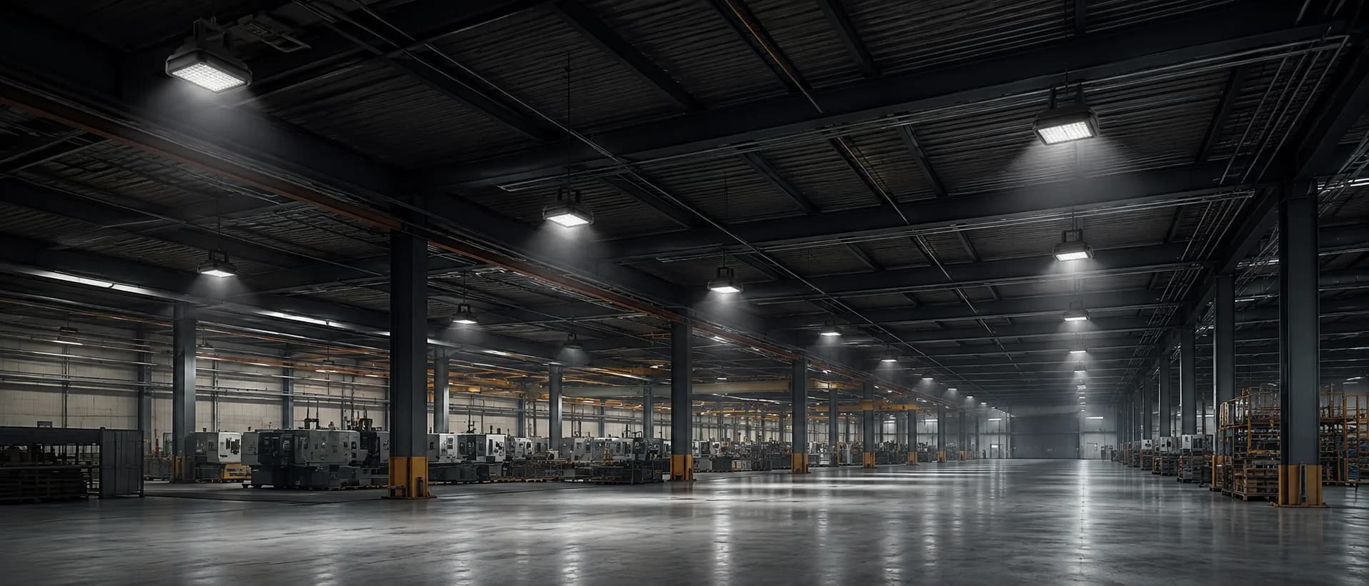 Heavy industrial production hall interior with operational high-bay LED lighting