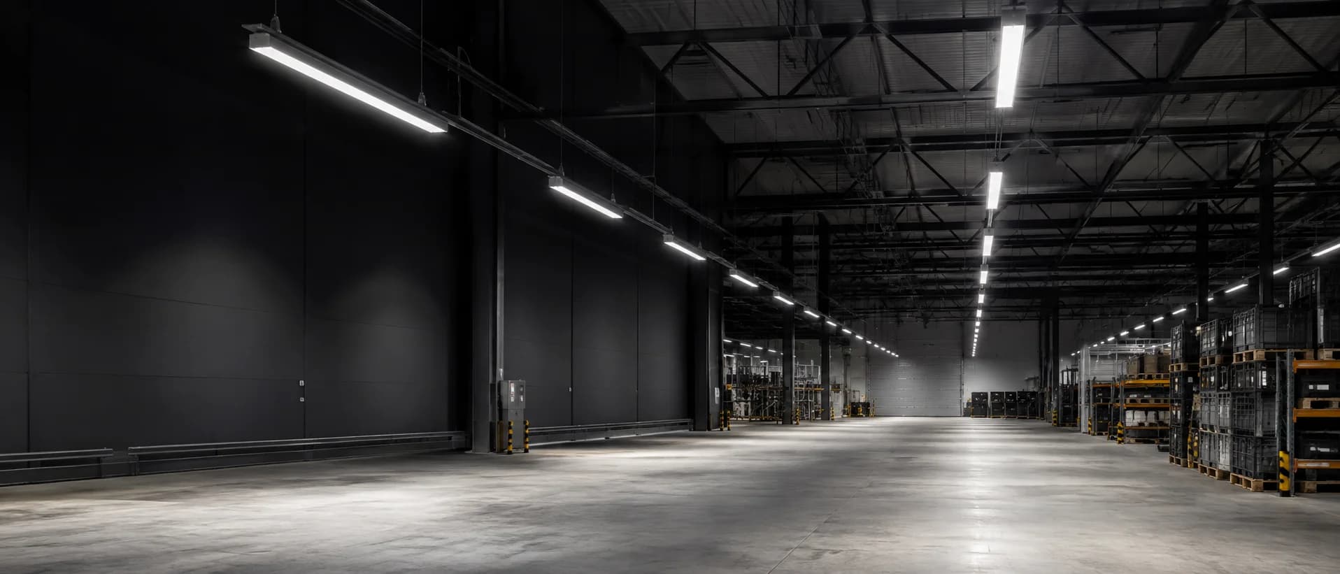 High-ceiling warehouse interior with visible industrial LED lighting fixtures