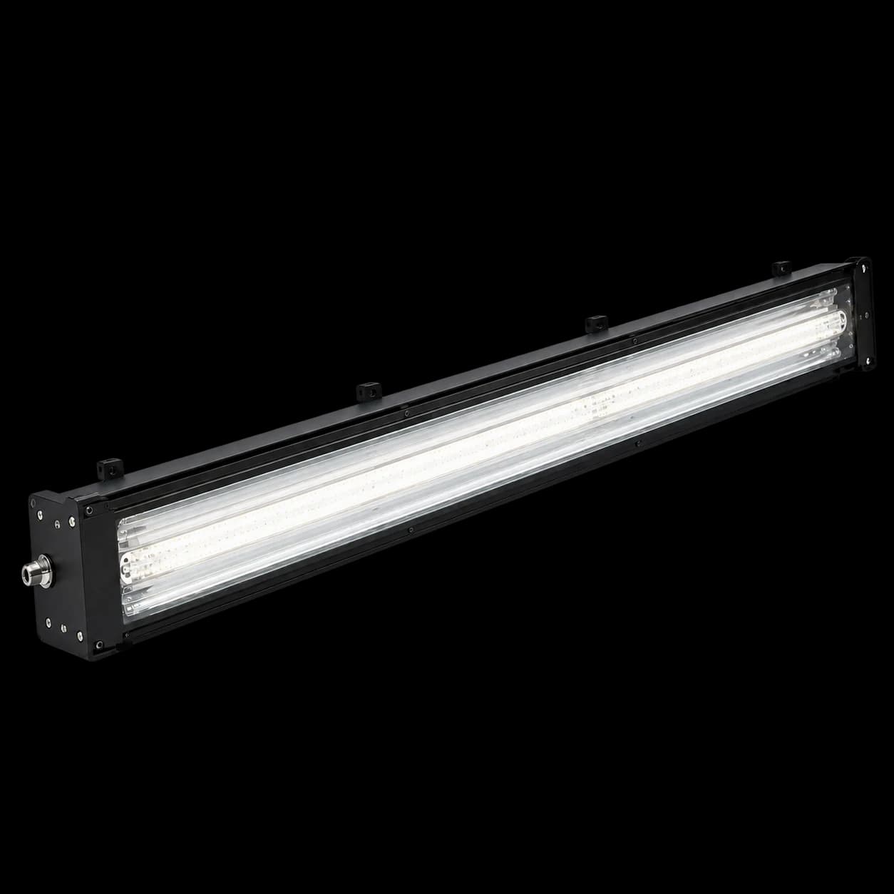 LED-BUS High Ceiling luminaire, illuminated, front view of the light-emitting diffuser