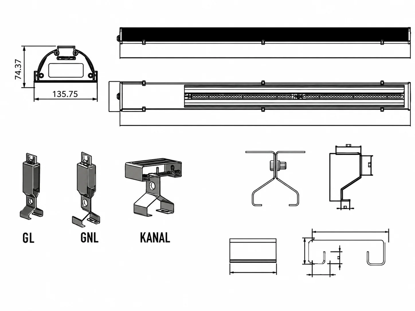 LED-BUS High Ceiling technical drawing with cross-section dimensions and GL/GNL/Channel mounting components
