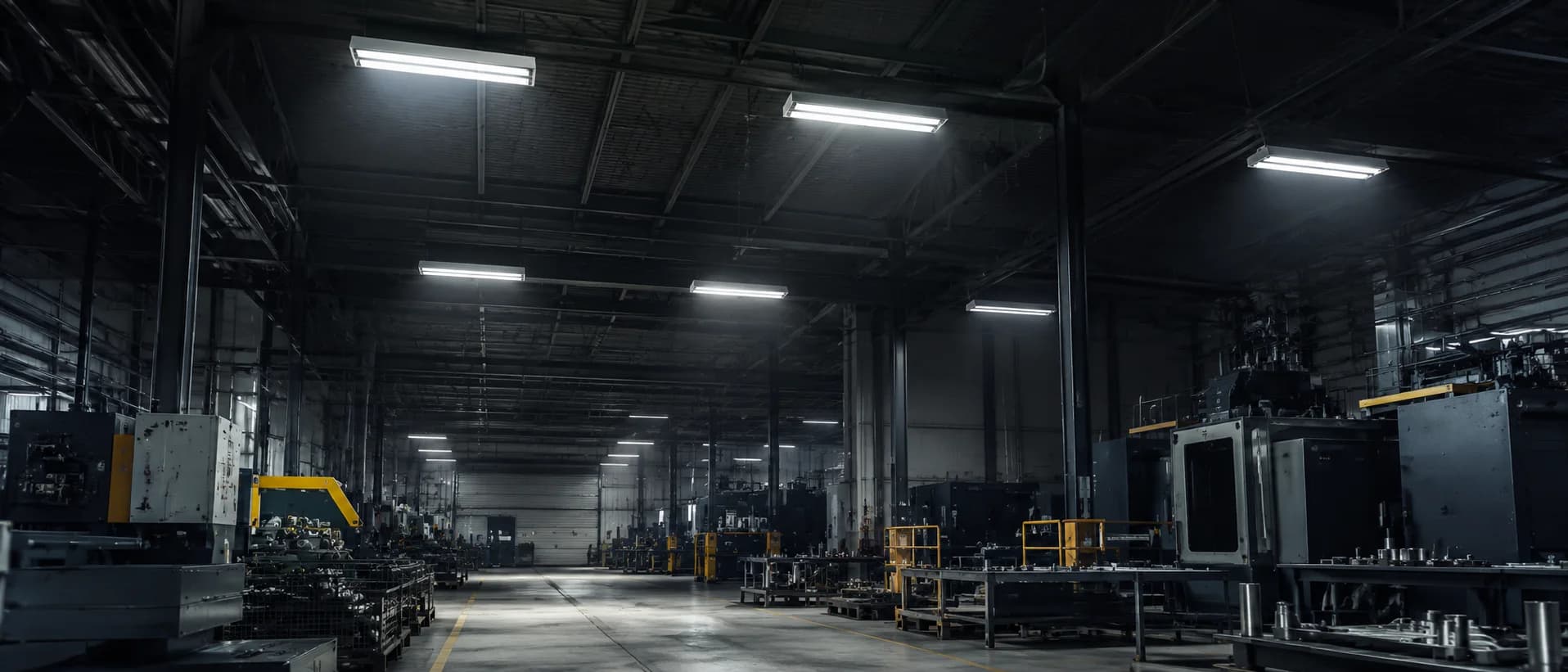 Dark industrial manufacturing facility interior with operational high-bay lighting