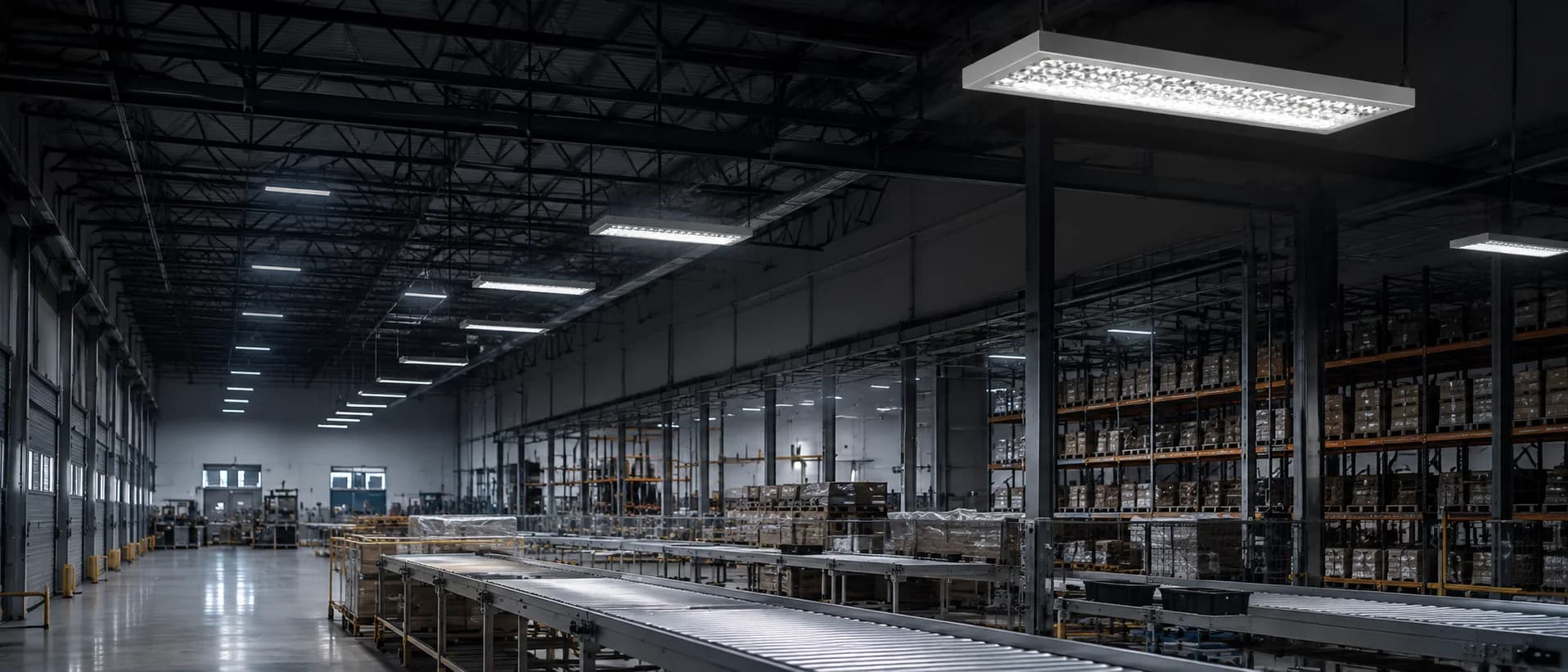 Warehouse and logistics facility interior with conveyor and pallet racking, lit by high-bay LED fixtures