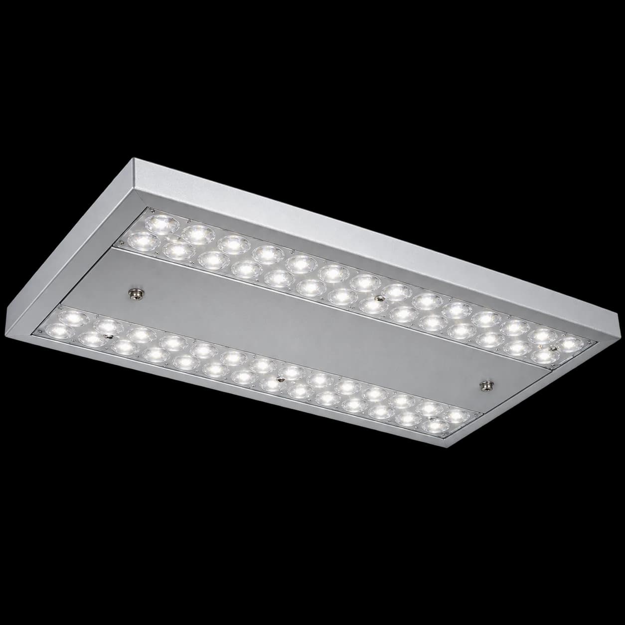 LED-BUS LDBE luminaire, illuminated, angled view of the multi-lens diffuser panel