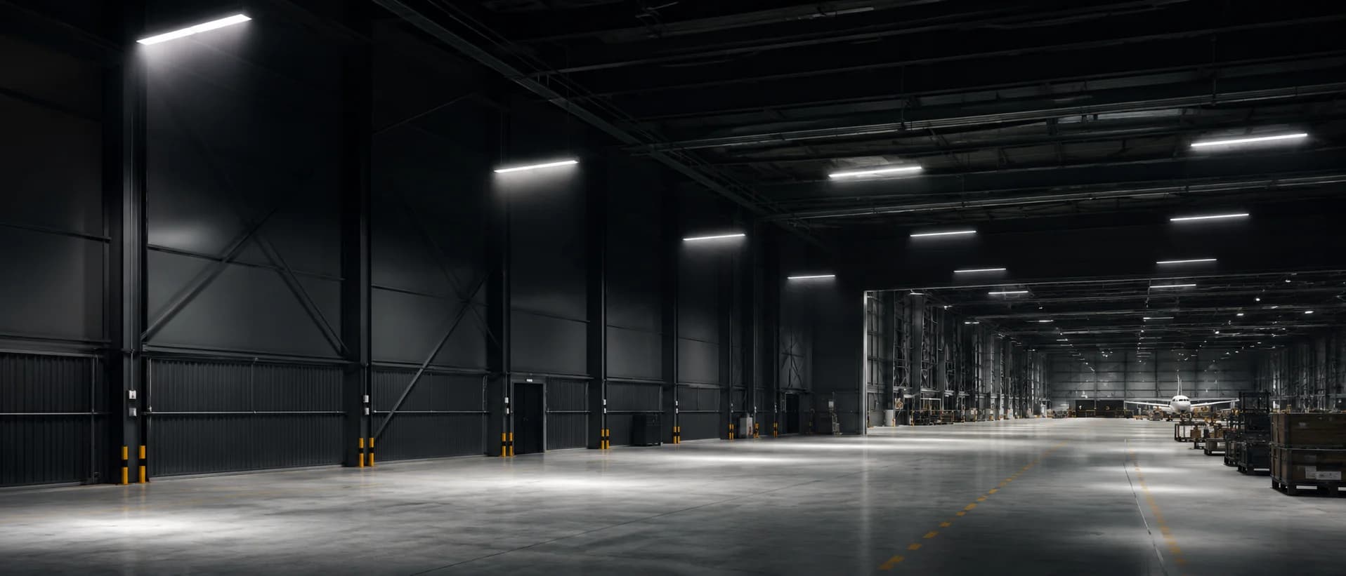 Industrial hangar interior with an aircraft visible in the background, lit by high-bay LED fixtures
