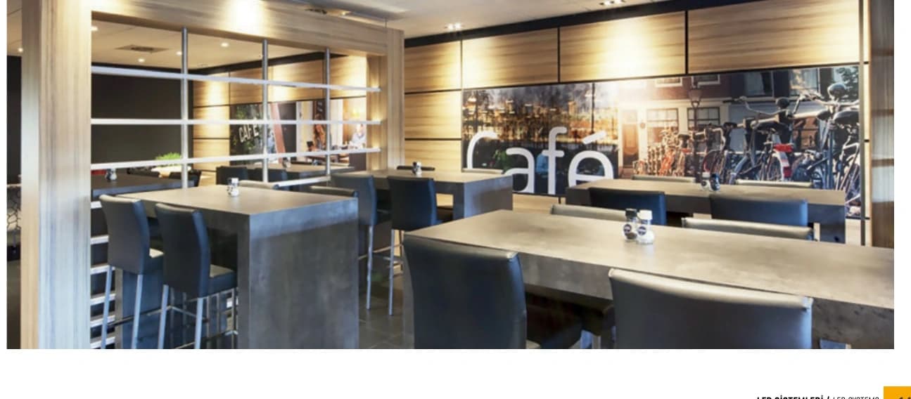 Catalogue café interior illuminated by MCRS downlights