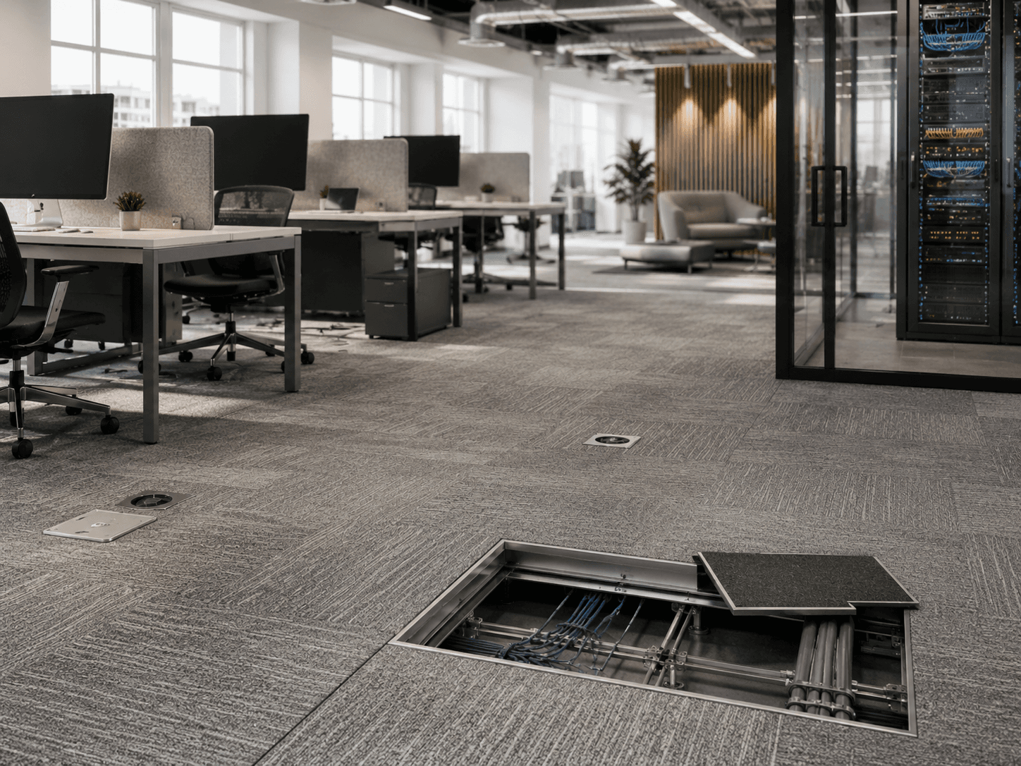 Underfloor services in a control and flexible work area
