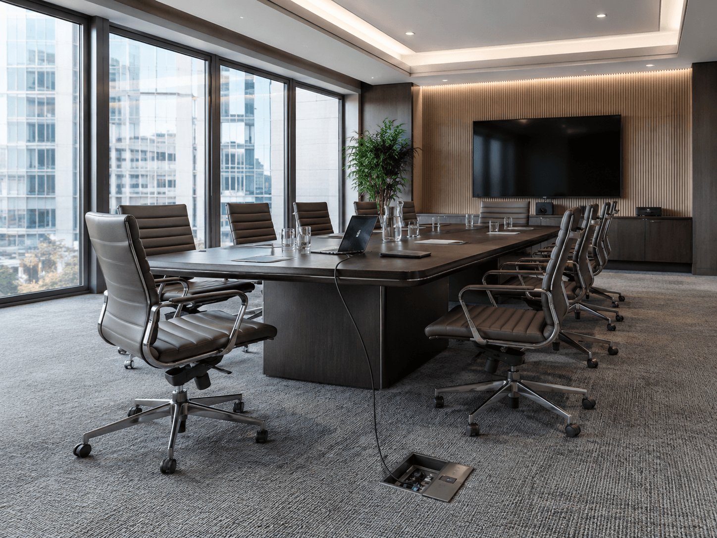 Underfloor services in a meeting and conference space