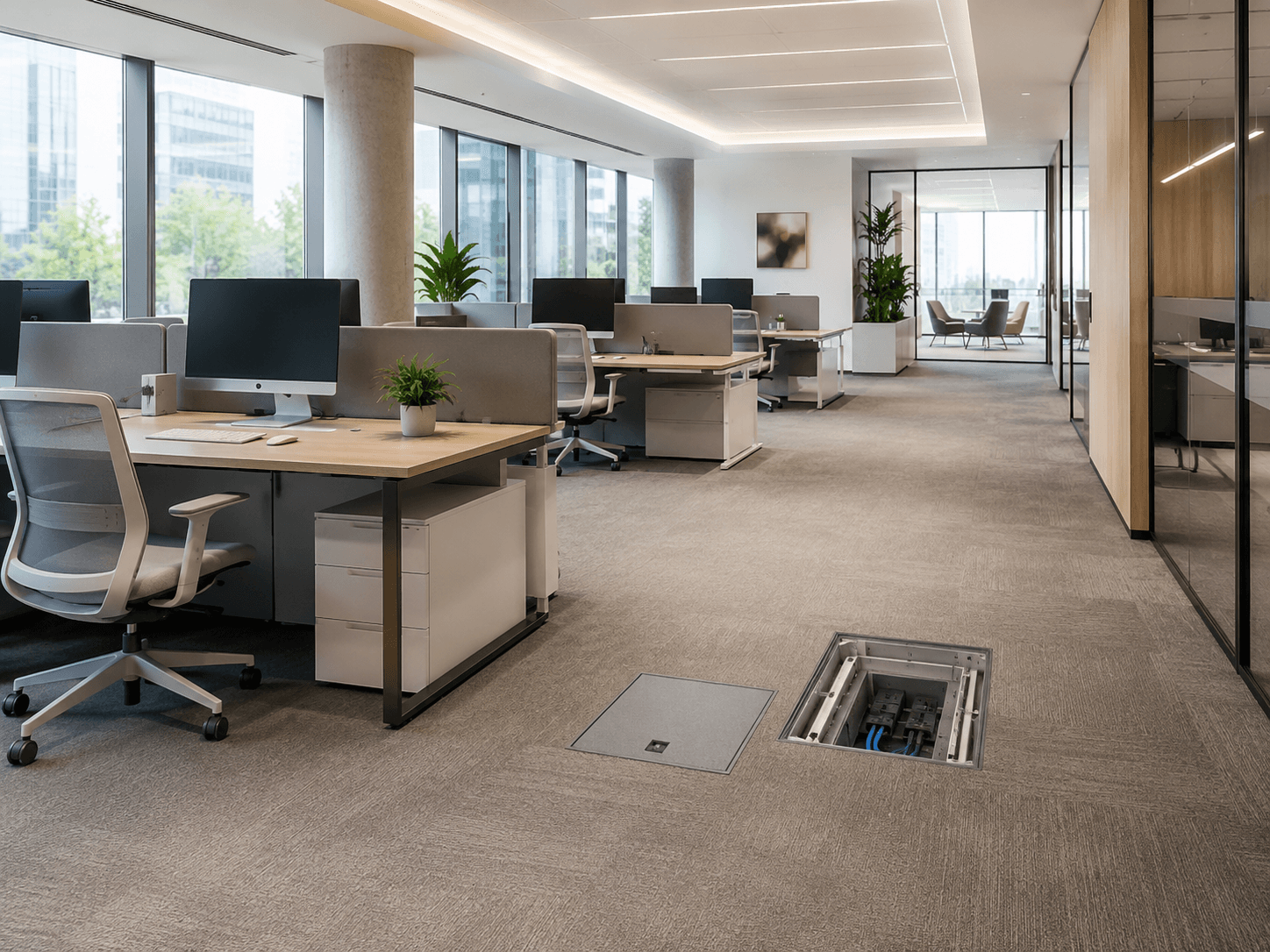 Underfloor services in a modern office workspace