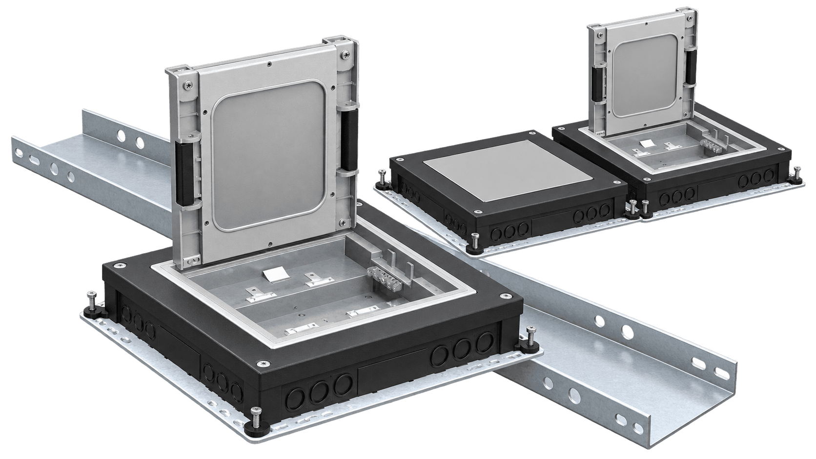 Underfloor junction boxes and cable tray product composition